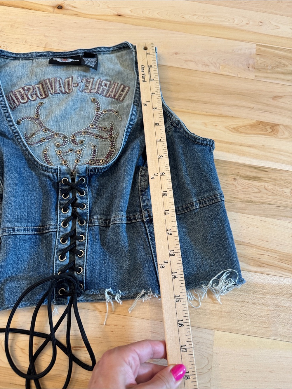 Harley-Davidson Embroidered Studded Corset Lace Up denim vest-Y2K - Picture 6 of 6